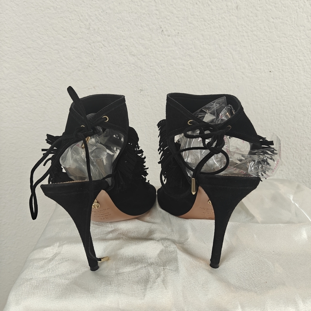 Aquazzura Sexy Fringe 105 Black Suede Cutout Sandal Heels 37.5/7.5 Women's - Picture 10 of 15